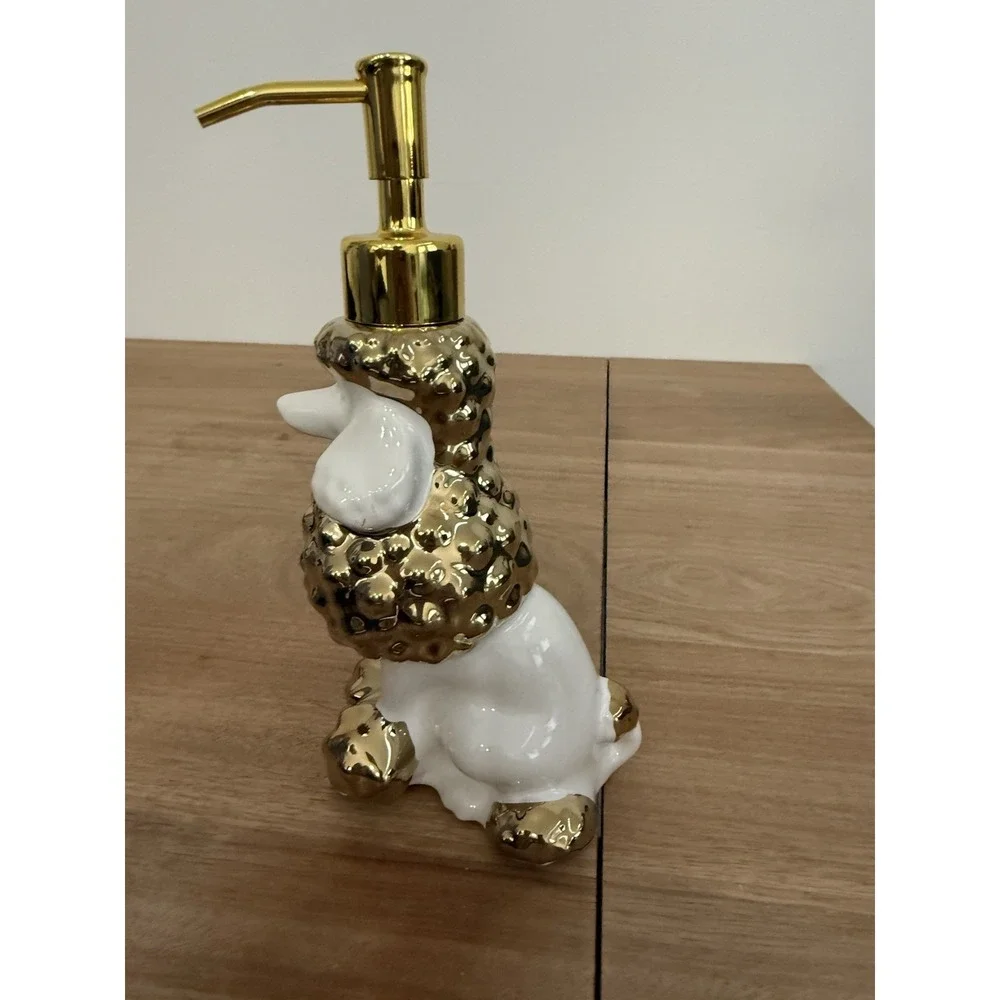 NEWHENGS Poodle Dog Ceramic Soap Lotion Dispenser Gold White w/ Box